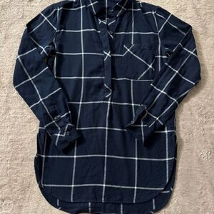Athleta Shirt Navy Blue/White Presidio Windowpane Plaid Popover Tunic Top Sz XL